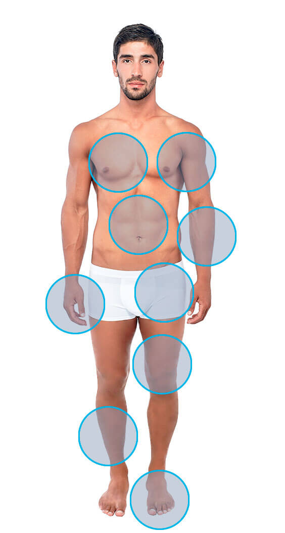modelo masculino con señales indicando dónde se realiza la depilación masculina de cuerpo completo
